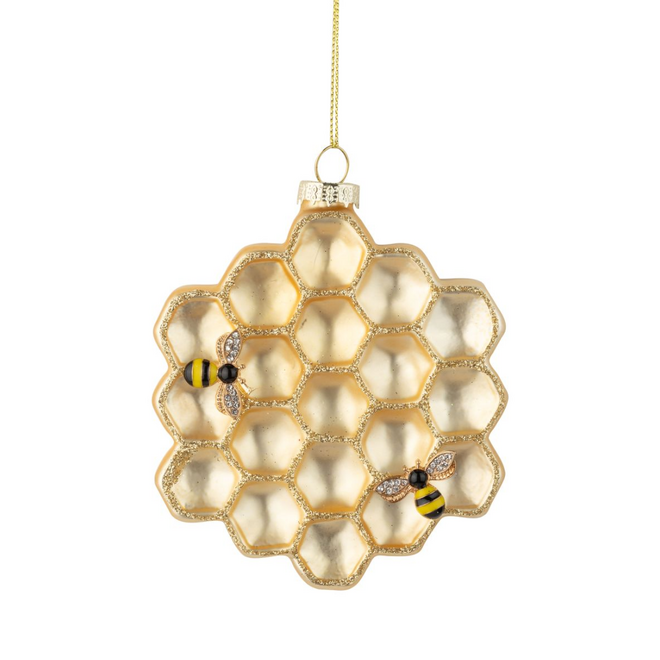 Christmas Ornament - Glass Honeycomb w/ Bee Appliqués