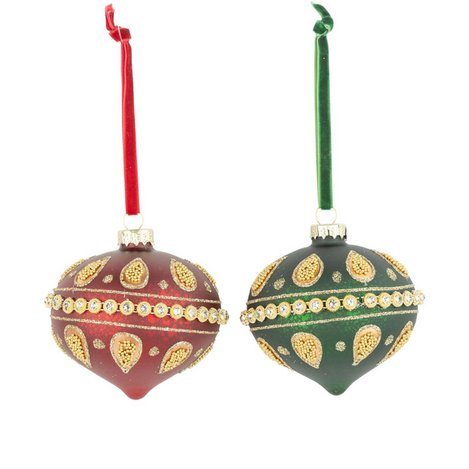 Christmas Ornament - Glass Kismet, Matte Red or Green w/ Gold Beads, Assorted
