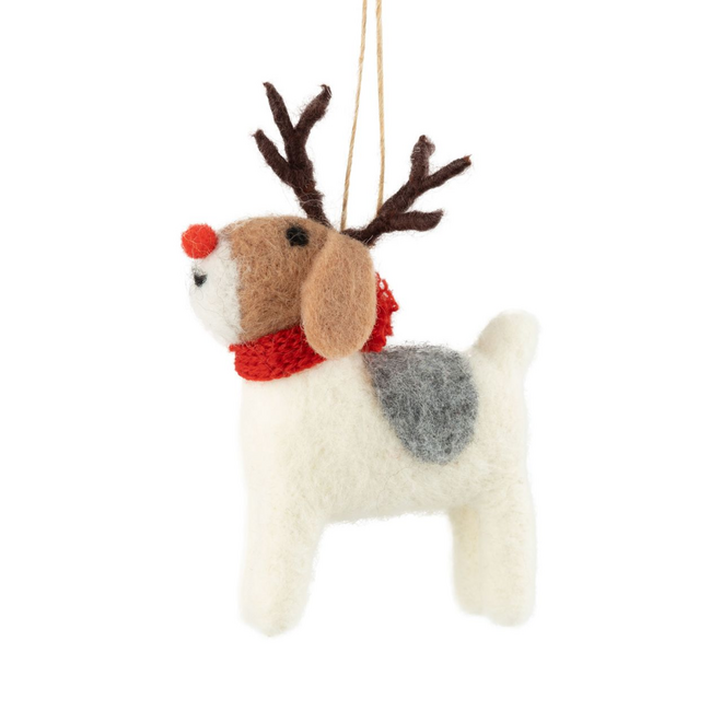 Christmas Ornament - Felt White Dog w/ Antlers
