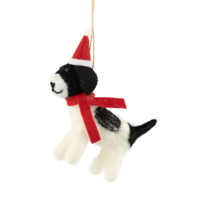 Christmas Ornament - Felt Dog, Black & White w/ Santa Hat & Scarf