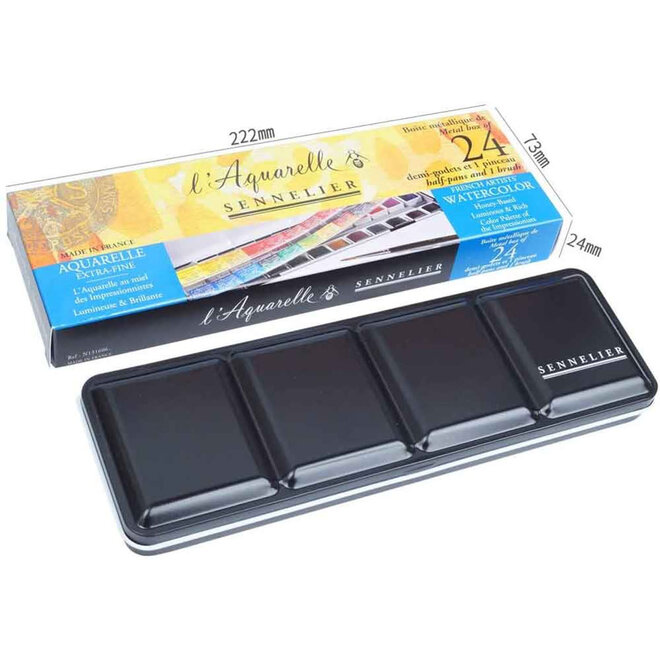 Sennelier French Artist Watercolour Half Pan Metalbox of 24 Colours
