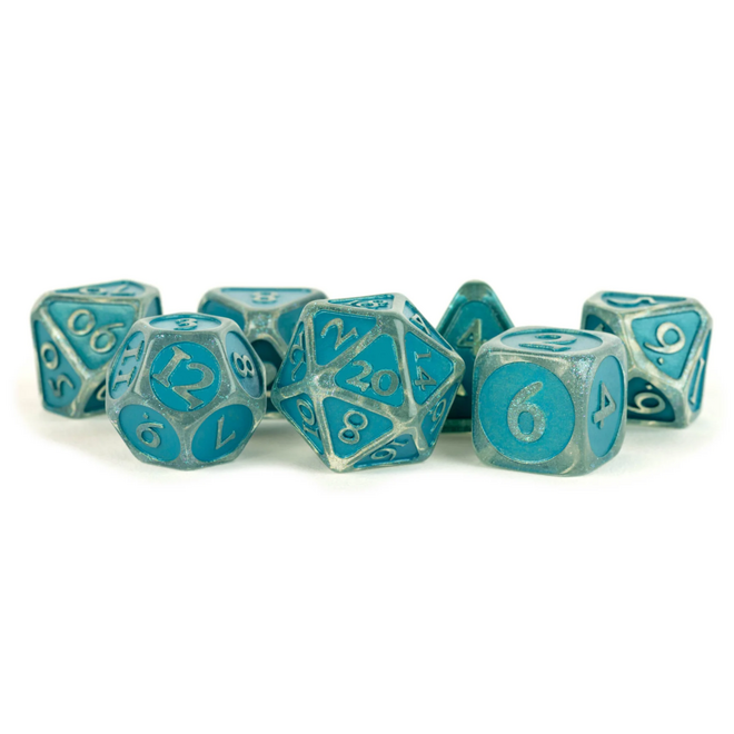 Acrylic Polyhedral Dice Set - 16mm, Ice w/ Blue Enamel