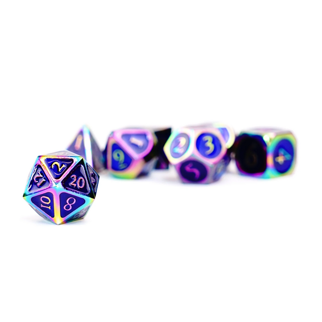 Metal Polyhedral Dice Set - 16mm, Rainbow w/ Blue Enamel