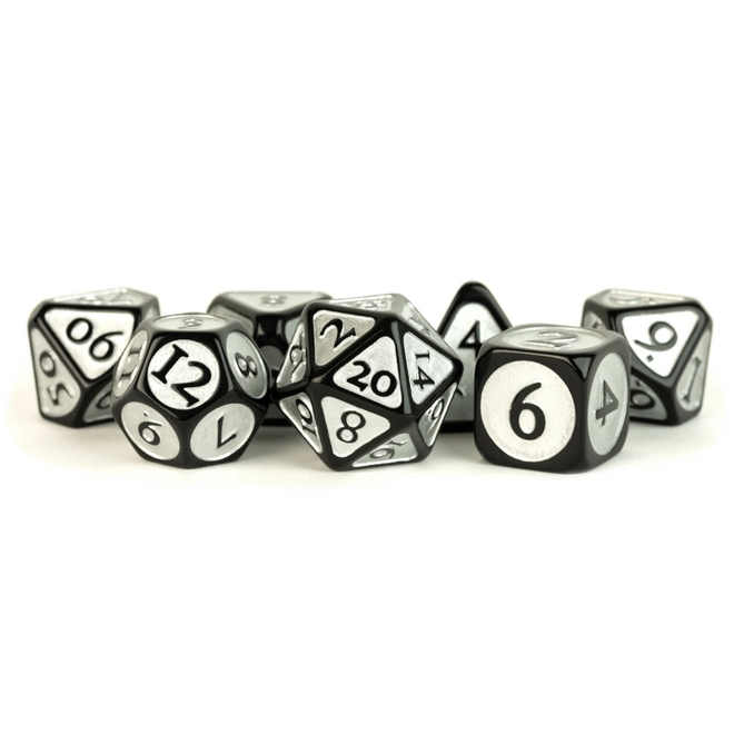 Acrylic Polyhedral Dice Set - 16mm, Black w/ Silver Enamel