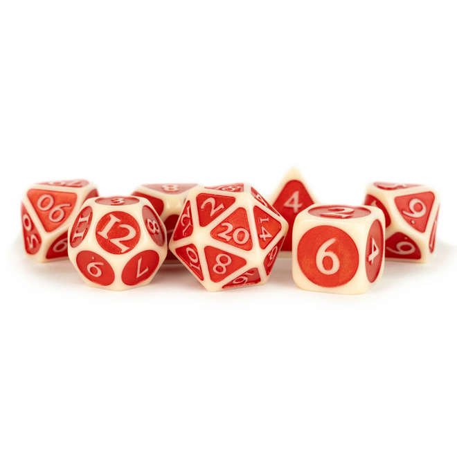 Acrylic Polyhedral Dice Set - 16mm, Ivory w/ Red Enamel