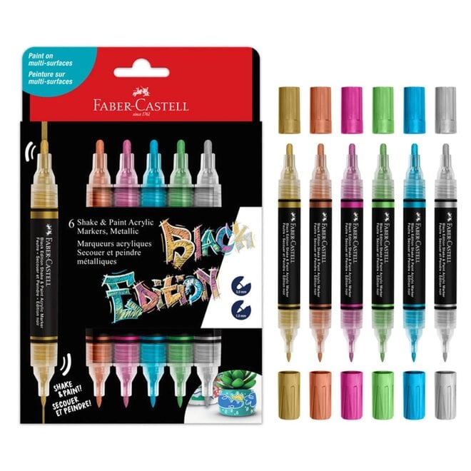 Faber Castell Double Ended Acrylic Marker Set of 6 - Black Edition - Metallic - 3mm and 1mm
