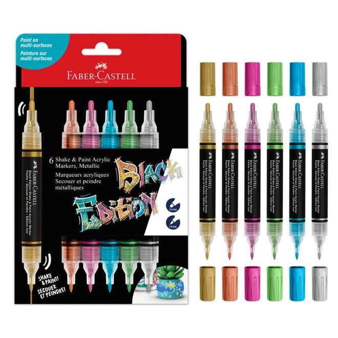 Faber Castell Double Ended Acrylic  Paint Marker Set of 6 - Black Edition - Metallic - 3mm and 1mm