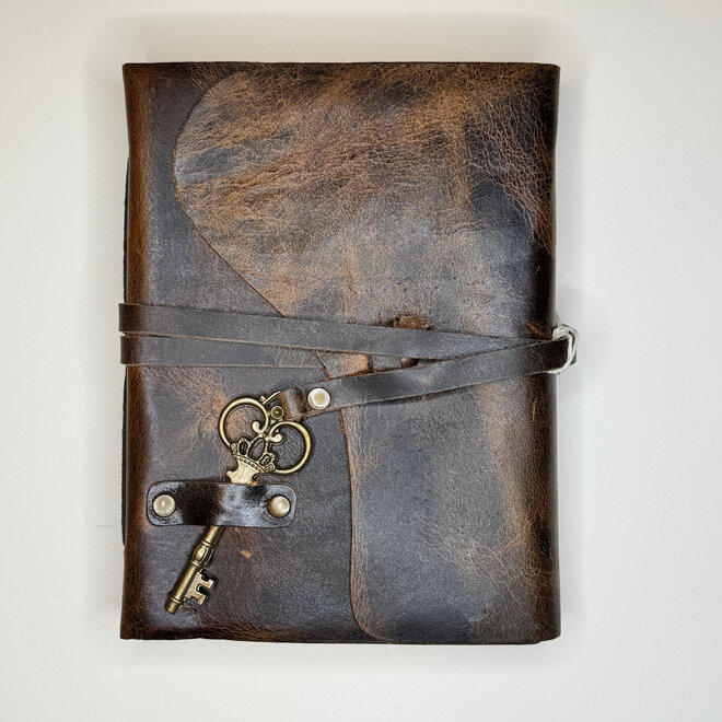 Antique Paper Journal - Brown Leather w/ Key, 7x5"