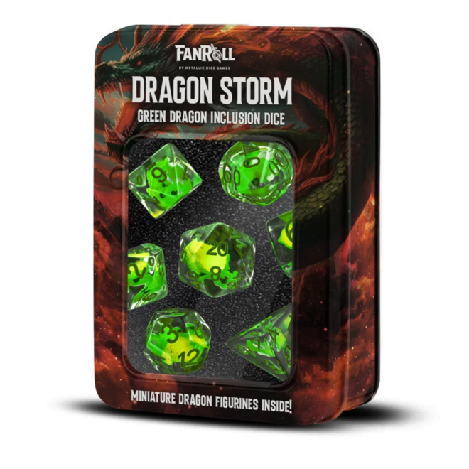 FanRoll Dragon Storm Dice - 7pc Polyhedral Set - Miniature Green Dragon Inclusion