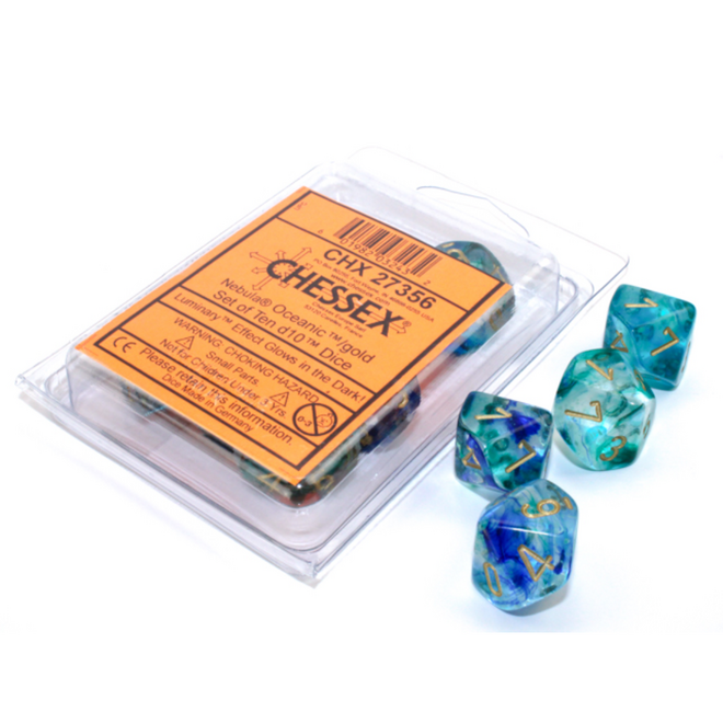 Chessex Set of Ten d10 Dice - Nebula: Oceanic w/ Gold - Luminary: Glow In the Dark