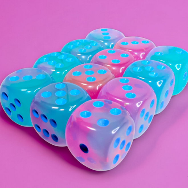 Chessex 16mm D6 Dice Set, 12pk - Gemini: Gel Green & Pink w/ Blue - Luminary: Glow in the Dark