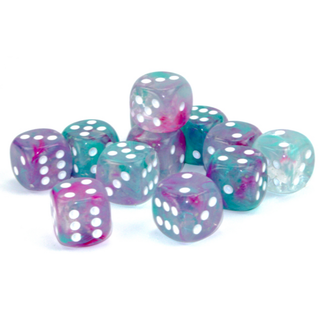 Chessex 16mm D6 Dice Set, 12pk - Nebula: Wisteria w/ White - Luminary: Glow in the Dark