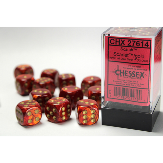 Chessex 16mm D6 Dice Set, 12pc - Scarab: Scarlet w/ Gold