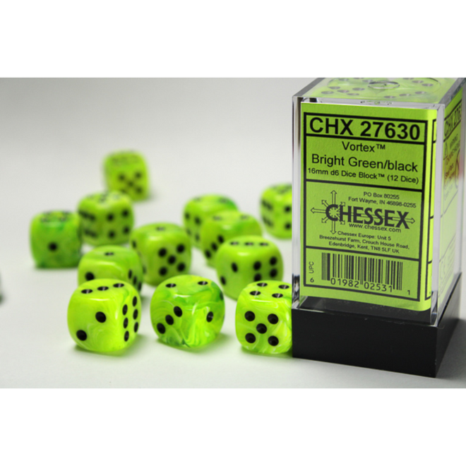 Chessex 16mm D6 Dice Set, 12pk - Vortex: Bright Green w/ Black - Blacklight Reactive!