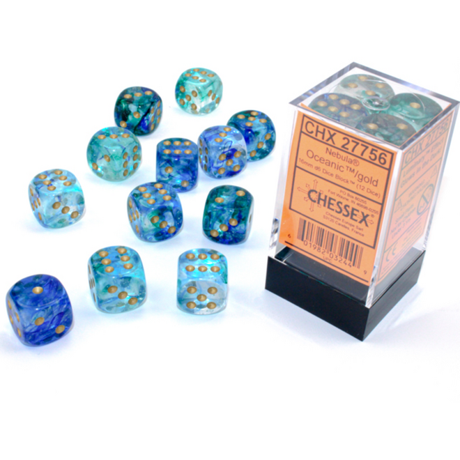 Chessex 16mm D6 Dice Set, 12pk - Nebula: Oceanic w/ Gold - Luminary: Glow in the Dark