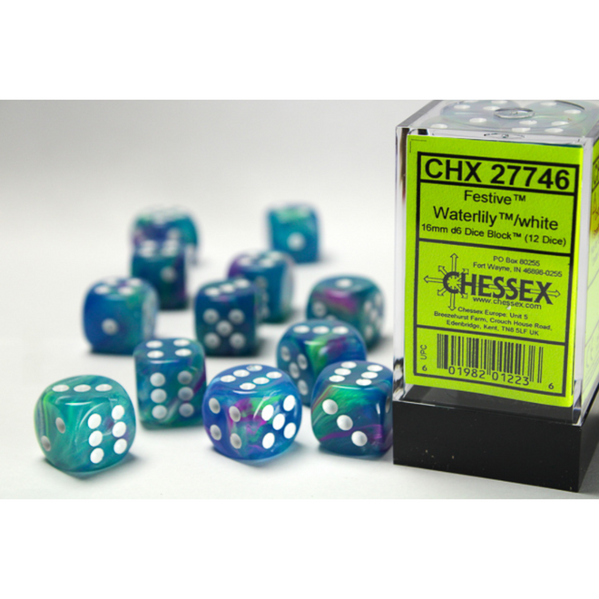 Chessex 16mm D6 Dice Set, 12pk - Festive: Waterlily w/ White