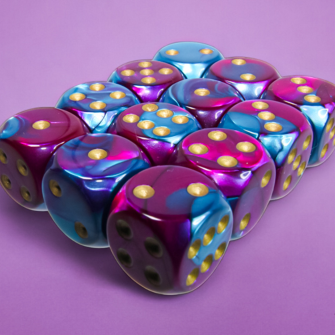 Chessex 16mm D6 Dice Set, 12pk - Gemini: Purple & Teal w/ Gold - Blacklight Reactive!