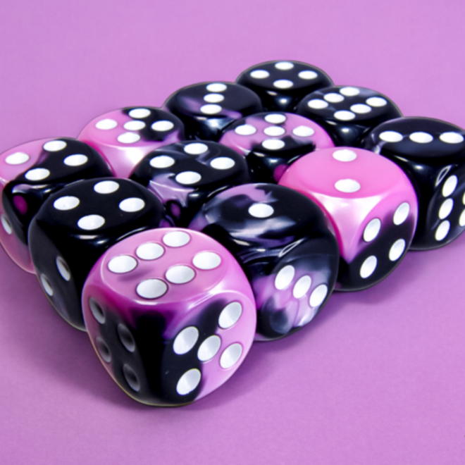 Chessex 16mm D6 Dice Set, 12pk - Gemini: Black & Pink w/ White - Blacklight Reactive!
