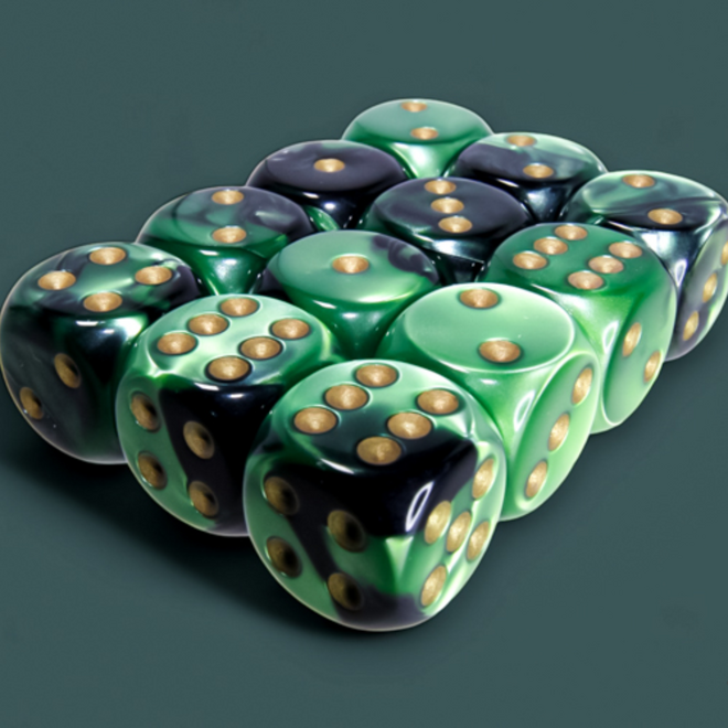 Chessex 16mm D6 Dice Set, 12pk - Gemini: Black & Green w/ Gold