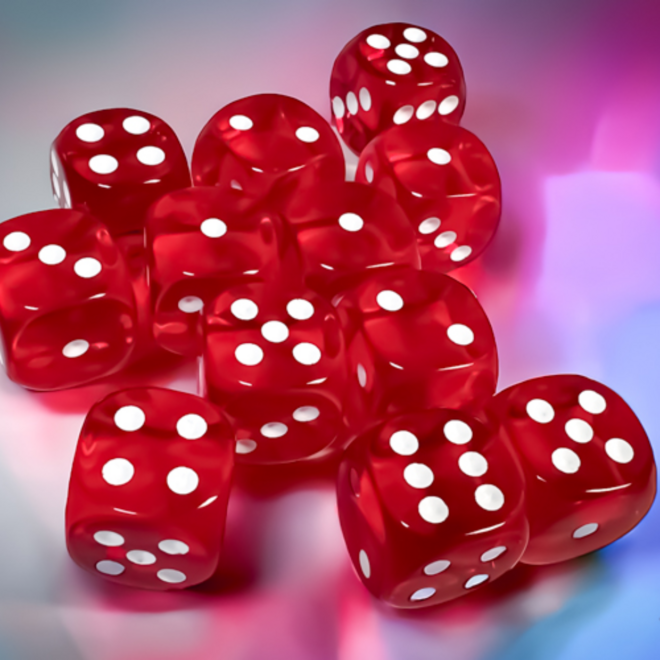 Chessex 16mm D6 Dice Set, 12pk - Translucent: Red w/ White