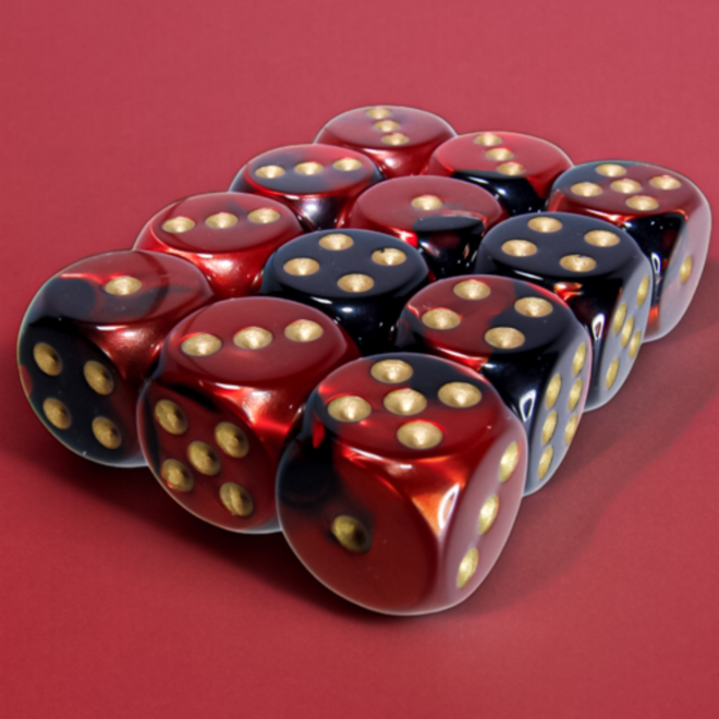 Chessex 16mm D6 Dice Set, 12pk - Gemini: Black & Red w/ Gold
