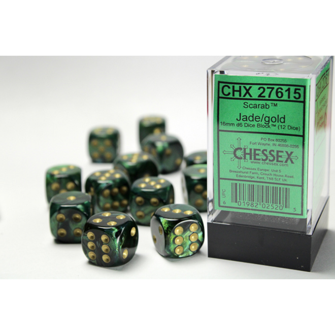 Chessex 16mm D6 Dice Set, 12pk - Scarab: Jade w/ Gold
