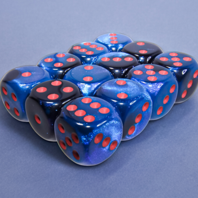 Chessex 16mm D6 Dice Set, 12pk - Gemini: Black Starlight w/ Red