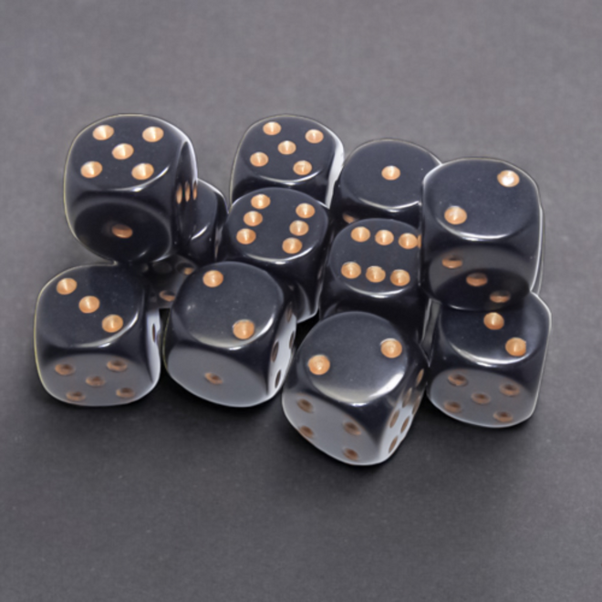 Chessex 16mm D6 Dice Set, 12pk - Opaque: Black w/ Gold