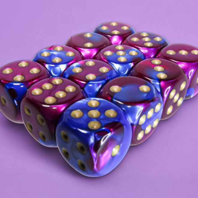 Chessex 16mm D6 Dice Set, 12pk - Gemini: Blue & Purple w/ Gold