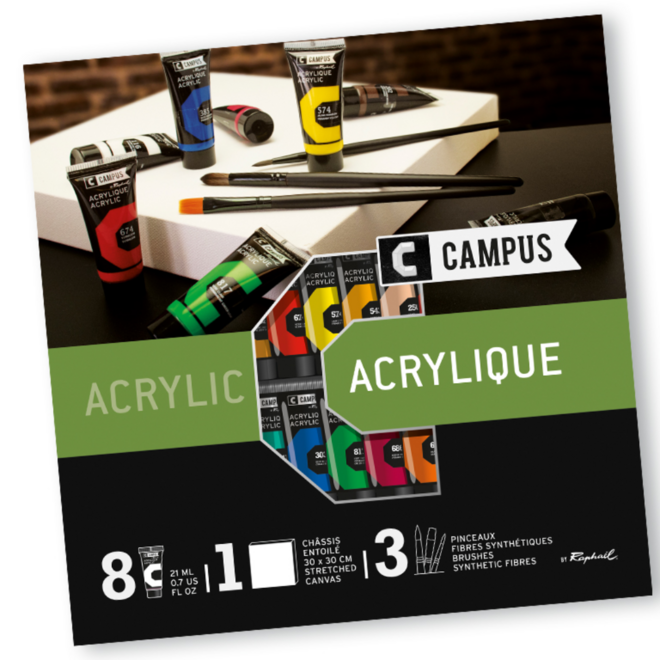 Campus Acrylic Starter Box by Raphael - 8x21ml Tubes + Canvas & Brushes