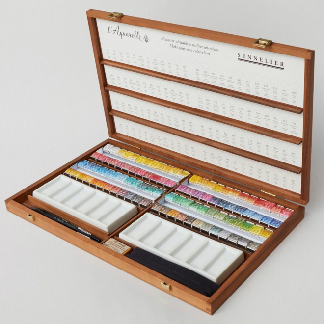 l'Aquarelle Sennelier Watercolour Set - Walnut Case w/ 96 Half Pans, 3 Brushes, & Porcelain Palette