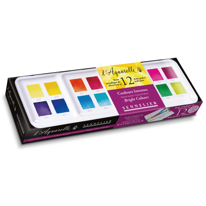 l'Aquarelle Sennelier Watercolour Set - 12 Half Pans in Metal Tin - Limited Edition: Bright Colours