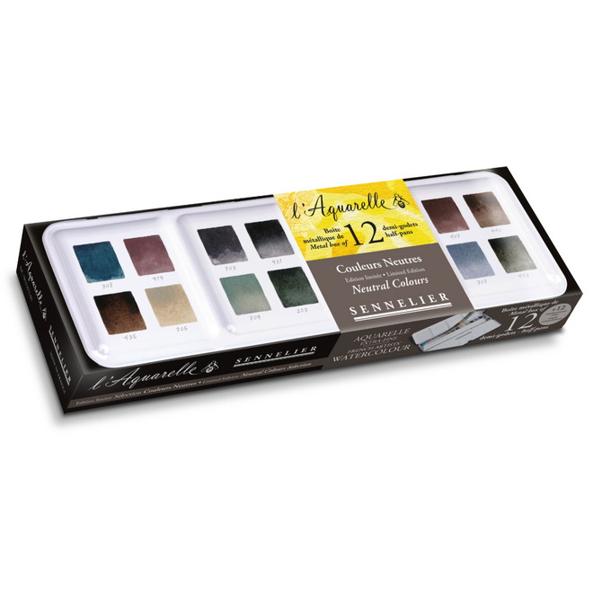 l'Aquarelle Sennelier Watercolour Set - 12 Half Pans in Metal Tin - Limited Edition: Neutral Colours