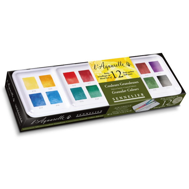 l'Aquarelle Sennelier Watercolour Set - 12 Half Pans in Metal Tin - Limited Edition: Granular Colours