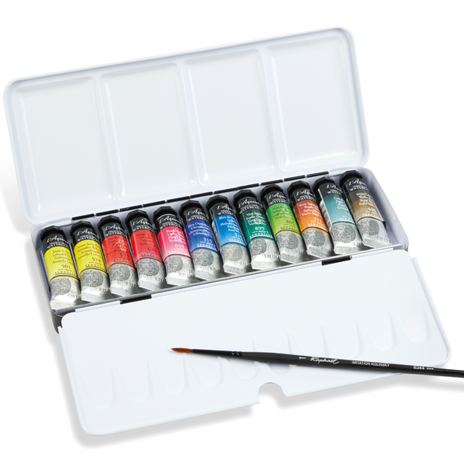 l'Aquarelle Sennelier: French Artist Watercolour - Metal Box of 12 x 10ml Tubes w/ Brush