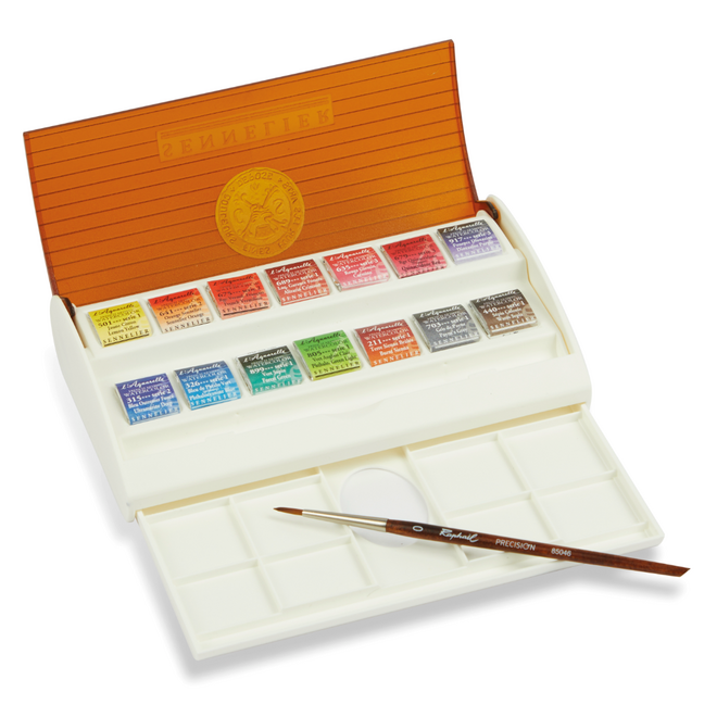 l'Aquarelle Sennelier French Artists' Watercolour - Travel Box of 14 Half Pans w/ Brush