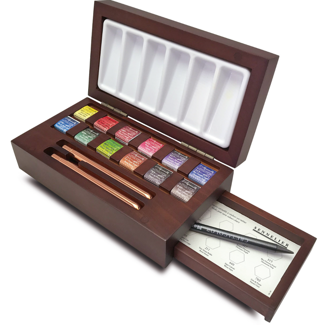 l'Aquarelle Sennelier: French Artists' Watercolour - Wooden Box Set of 12 Half-Pans w/ Palette, Brushes, & Graphite