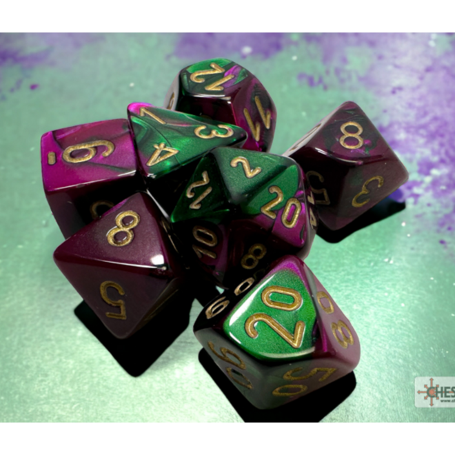 Chessex 7pc Polyhedral Dice Set - Gemini: Green & Purple w/ Gold - Blacklight Reactive!