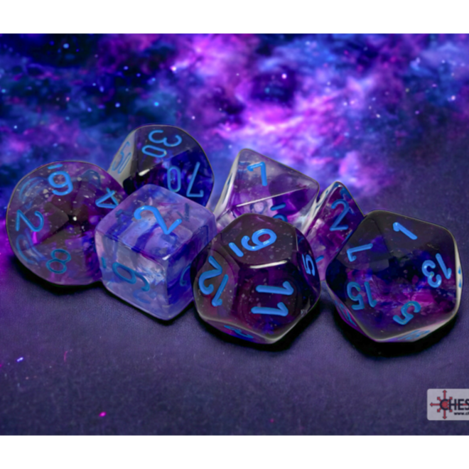 Chessex 7pc Polyhedral Dice Set - Nebula: Nocturnal w/ Blue - Luminary: Glow in the Dark!