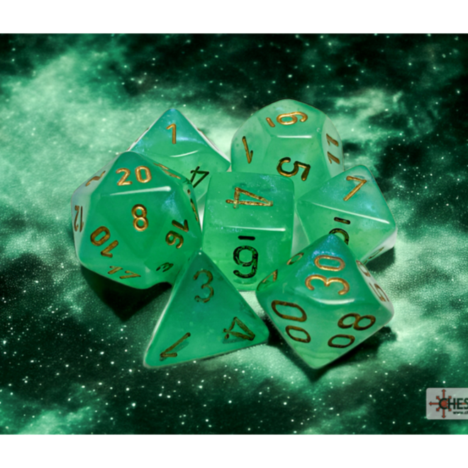 Chessex 7pc Polyhedral Dice Set - Borealis: Light Green w/ Gold Writing - Luminary: Glow In the Dark