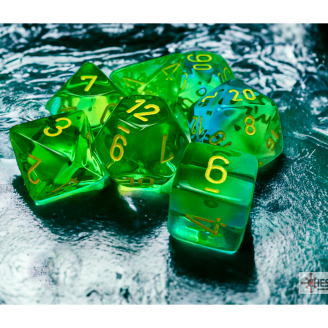 Chessex 7pc Polyhedral Dice Set - Gemini: Translucent Green & Teal w/ Yellow