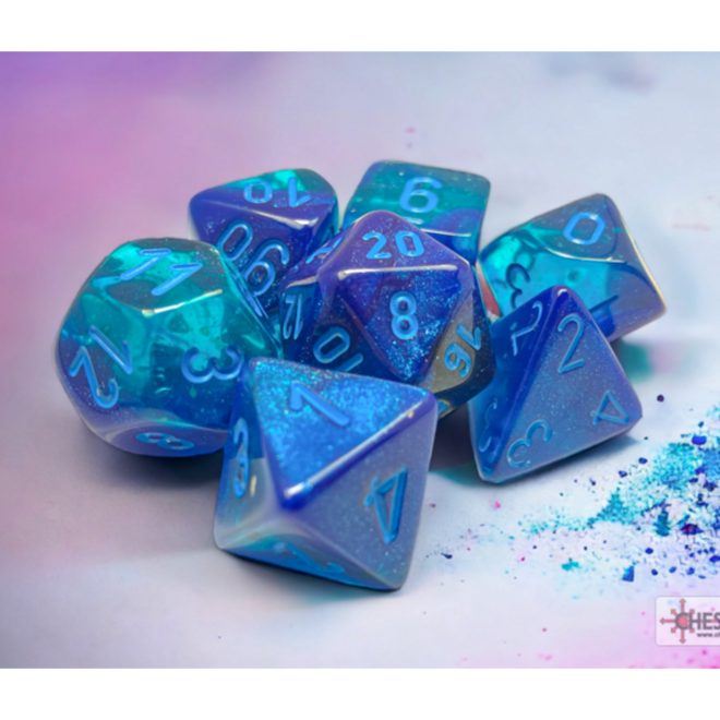 Chessex 7pc Polyhedral Dice Set - Gemini: Blue w/ Light Blue - Luminary: Glow in the Dark!