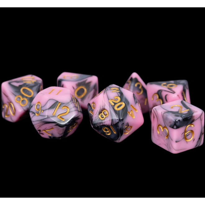Fanroll 16mm Acrylic Polyhedral Dice Set - Pink & Black w/ Gold