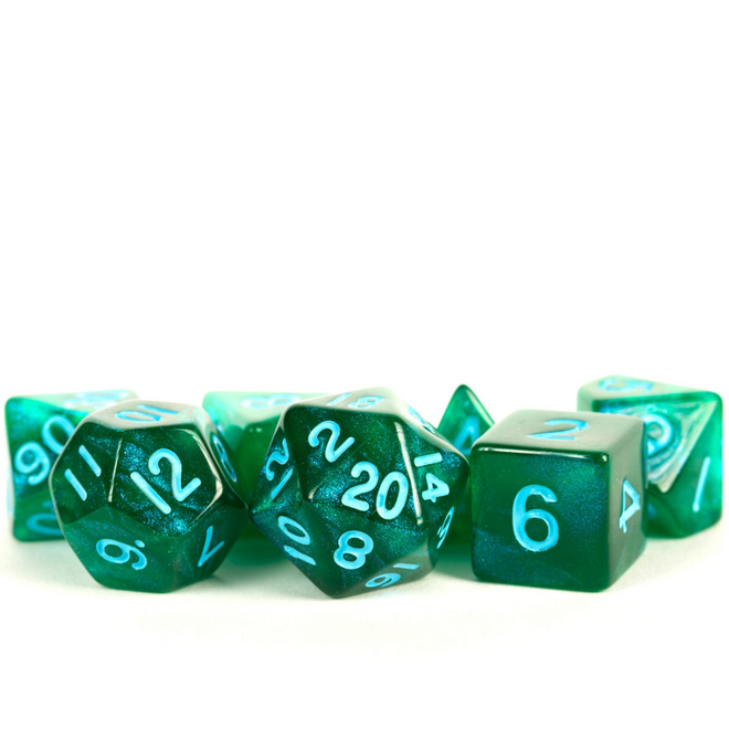 Fanroll 16mm Acrylic Polyhedral Dice Set - Stardust: Green w/ Blue