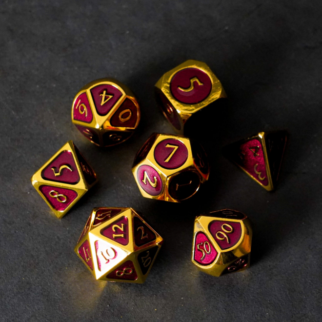 Metal Polyhedral Dice Set - 7pc Gold w/ Purple Enamel