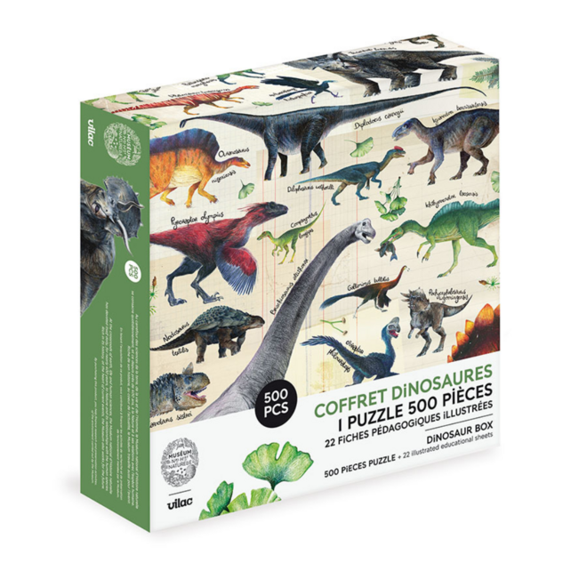Muséum National d'Histoire Naturelle - Dinosaur Box: 500pc Puzzle w/ Illustrated Educational Sheets