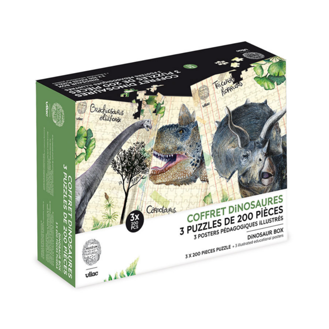 Muséum National d'Histoire Naturelle - Dinosaur Box: 3x 200pc Puzzles w/ Illustrated Educational Posters