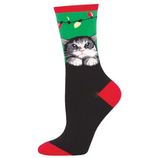 Socksmith Christmas Socks - Purrty Lights, Green - S/M