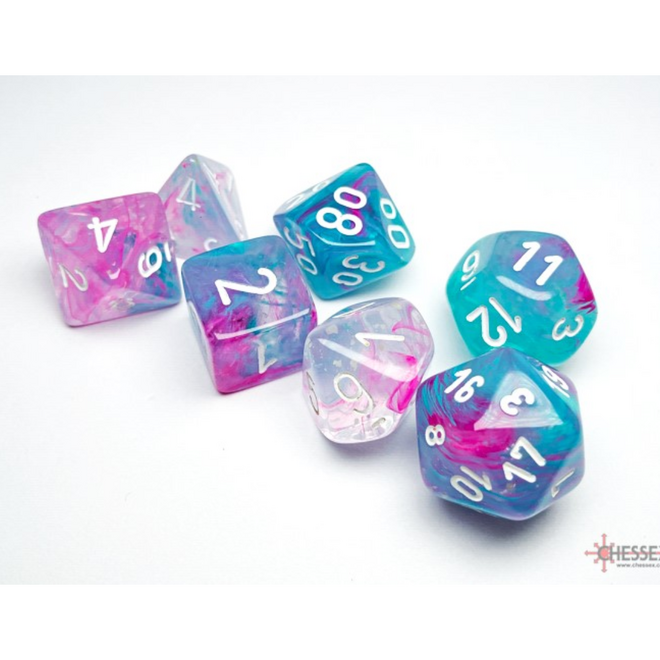 Chessex 7pc Polyhedral Dice Set - Nebula: Wisteria w/ White - Luminary: Glow in the Dark!