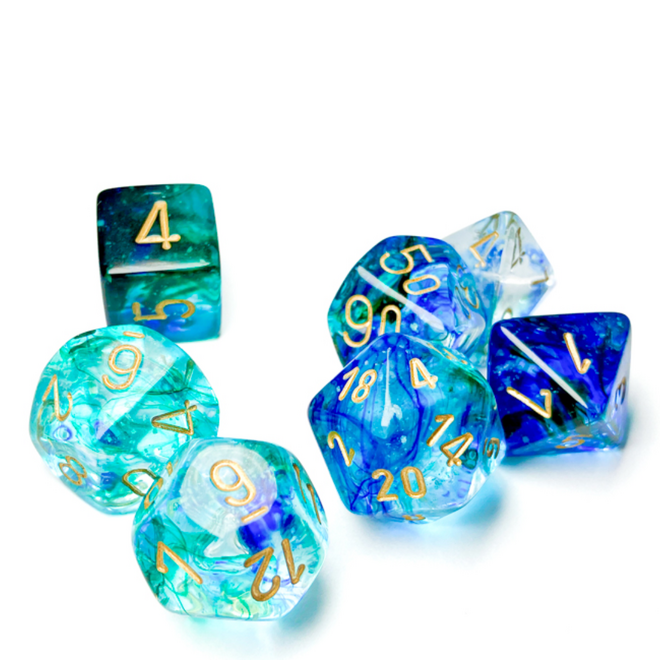 Chessex 7pc Polyhedral Dice Set - Nebula: Oceanic w/ Gold - Luminary: Glow in the Dark!